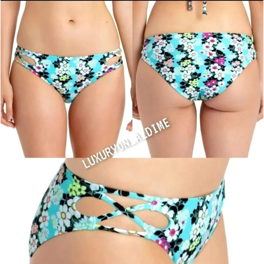California Waves XS Bikini Bottom Strappy Hipster Cutout side Colorful Floral